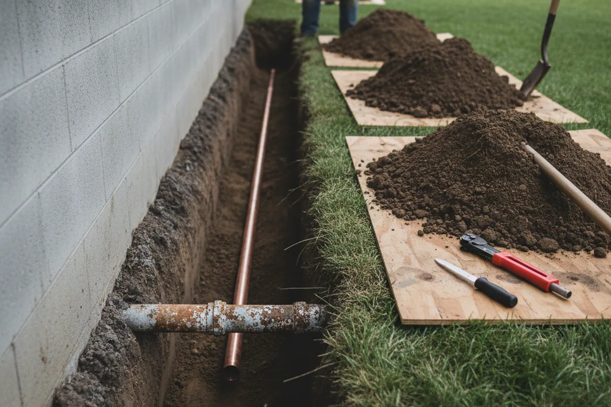 Excavated water line trench during Sewer Line Repair in Kilbourne